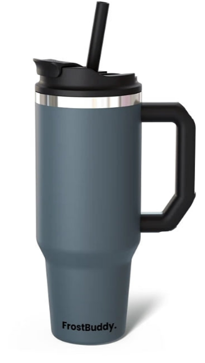 Gray travel mug with black handle and straw lid on a white background