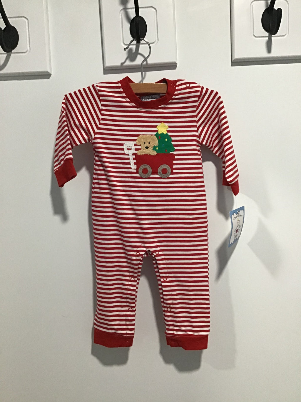 Baby Boys’ Christmas Wagon Romper – Red & White Striped Long Sleeve Holiday Outfit with Puppy & Tree Appliqué