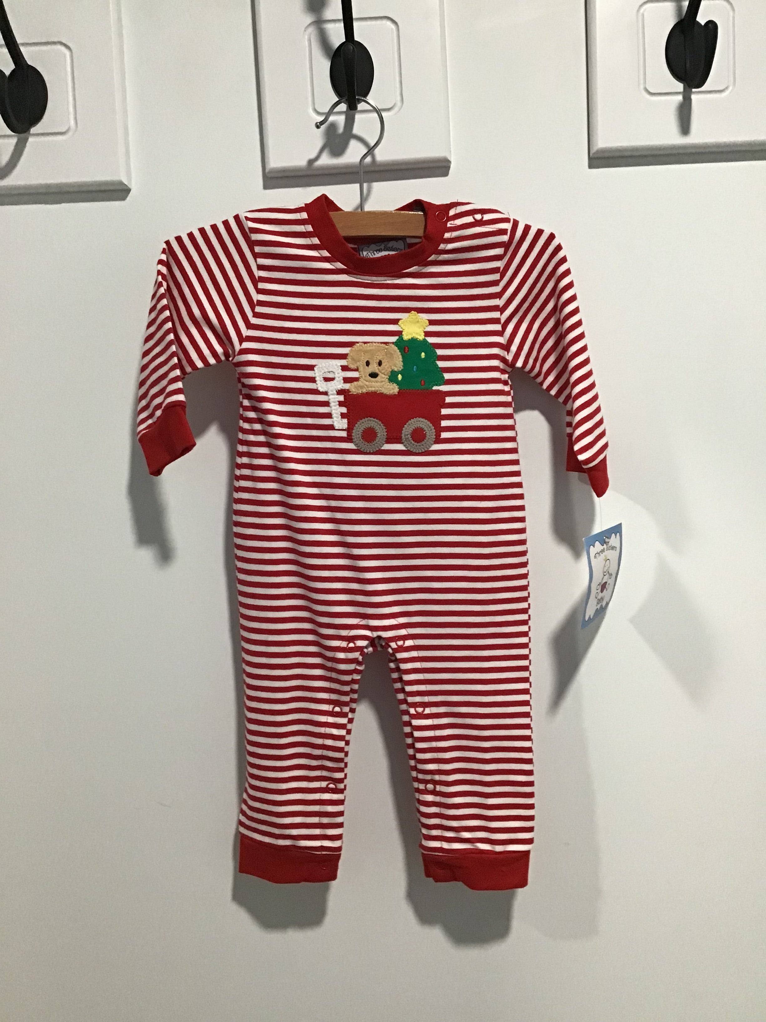 Baby Boys’ Christmas Wagon Romper – Red & White Striped Long Sleeve Holiday Outfit with Puppy & Tree Appliqué