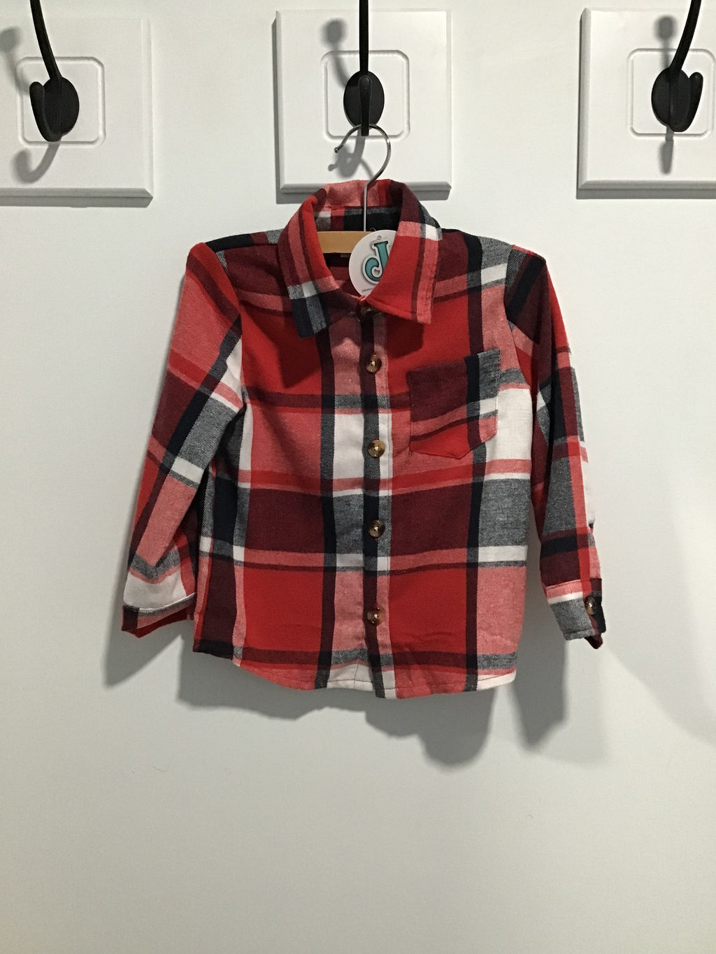 Boys’ Red & Black Plaid Flannel Shirt – Long Sleeve Button-Up with Chest Pocket for Fall & Holiday Wear