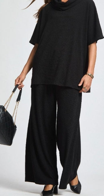 Women's Black Travel Lounge Set – Cowl Neck Poncho Top & Relaxed Wide-Leg Pants (2-Piece)