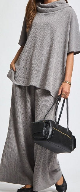 Women's Heather Gray Travel Lounge Set – Cowl Neck Poncho Top & Relaxed Ribbed Pants (2-Piece)