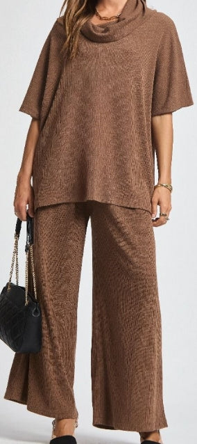 Women's Chocolate Travel Lounge Set – Cowl Neck Poncho Top & Relaxed Ribbed Pants (2-Piece)