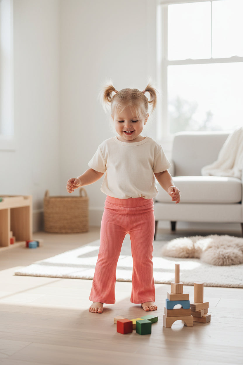 Three pairs of leggings in pink, blue, and purple on a white background