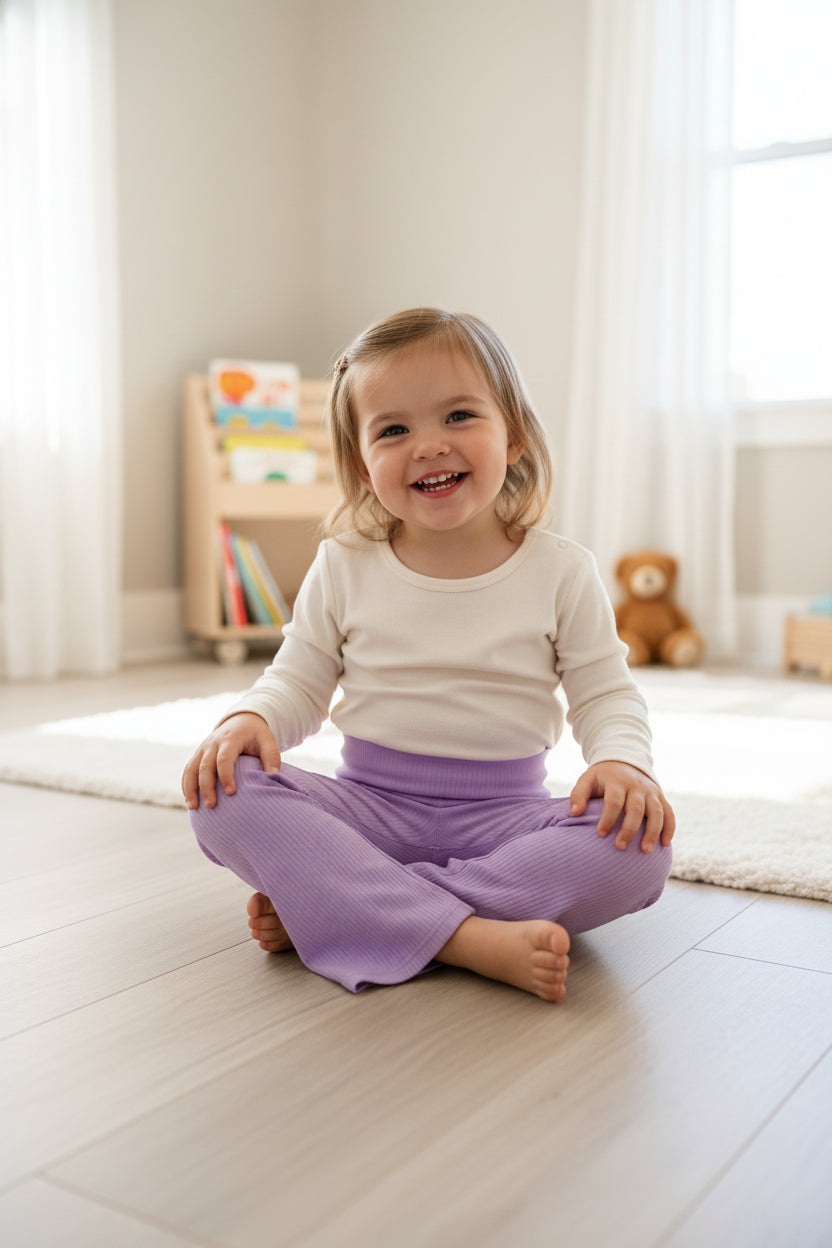 Three pairs of leggings in pink, blue, and purple on a white background