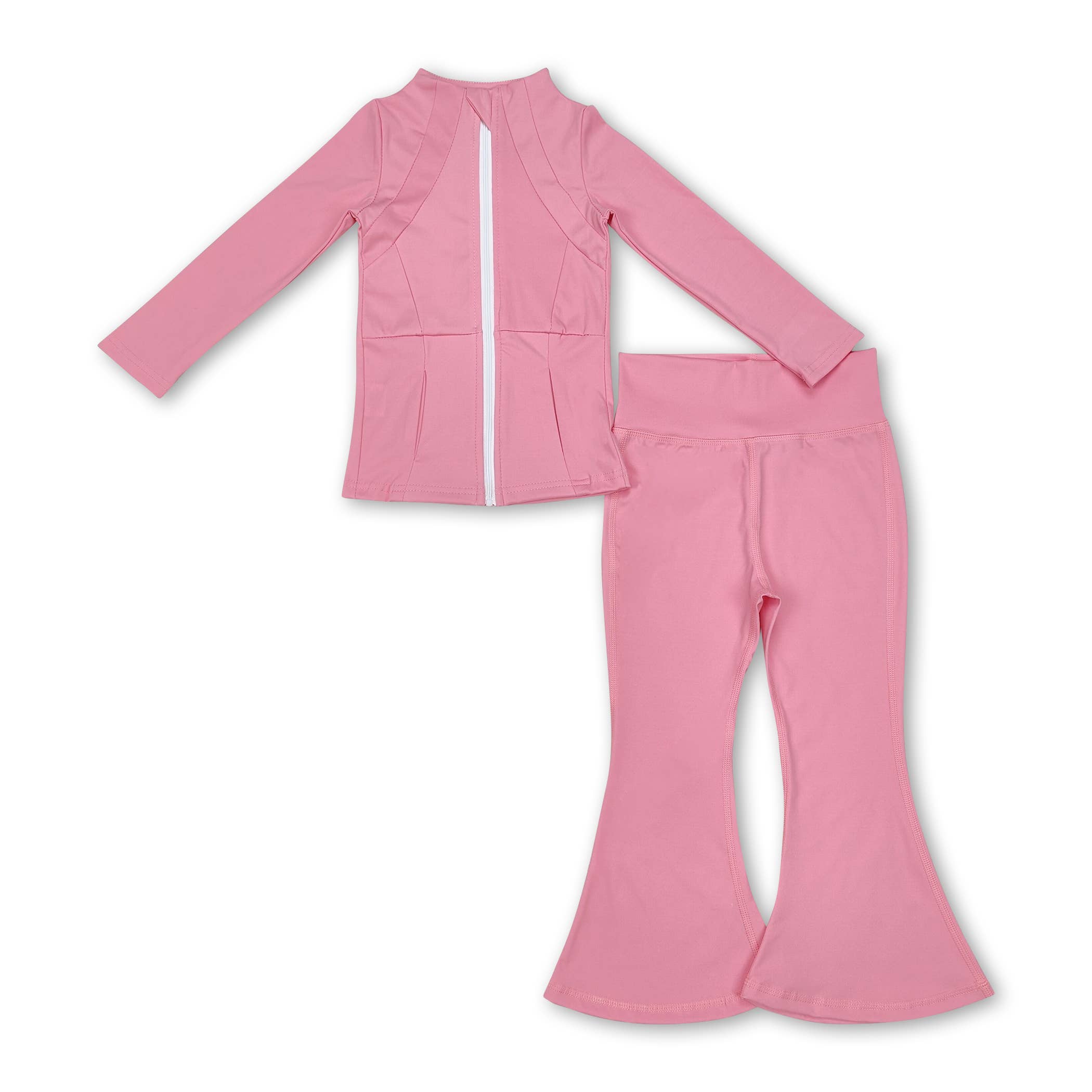 Pink long-sleeve top and flared pants set on a white background