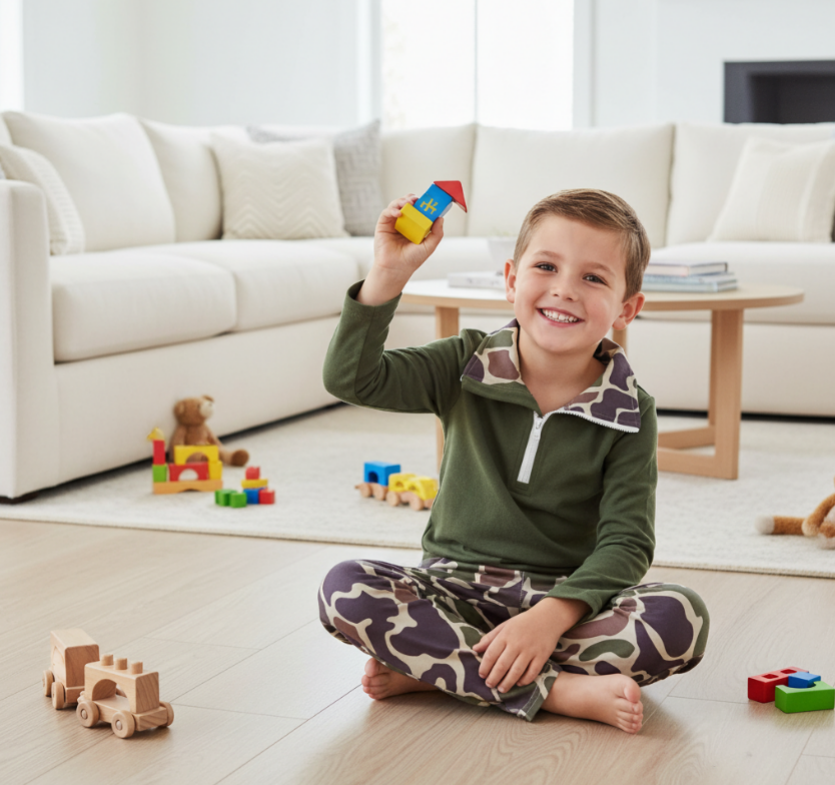Child playing with toys on a wooden floor in a living room.