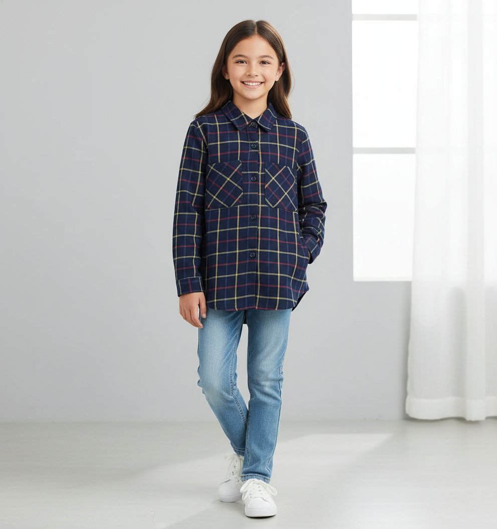 Navy blue plaid shirt on a white background