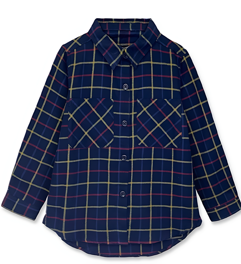 Girls’ Classic Plaid Flannel Shirt – Navy, Red & Yellow Button-Up with Chest Pockets