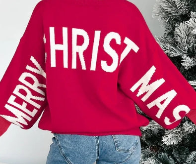 Unisex “Merry Christmas Ho Ho Ho” Red Holiday Sweater – Bold Letter Sleeve & Back Print