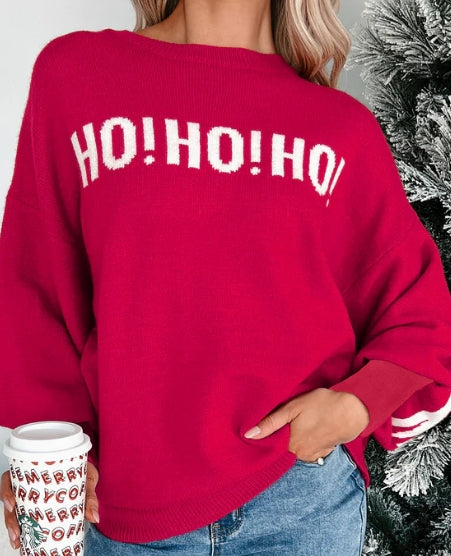 Unisex “Merry Christmas Ho Ho Ho” Red Holiday Sweater – Bold Letter Sleeve & Back Print