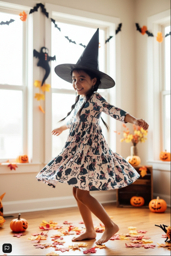 Girls' Halloween Twirl Dress – Hocus Purr-cus Black Cat & Pumpkin Print