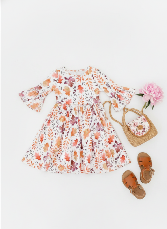 Girls' Autumn Twirl Dress – Falling Leaves Print in Lightweight Stretch Fabric