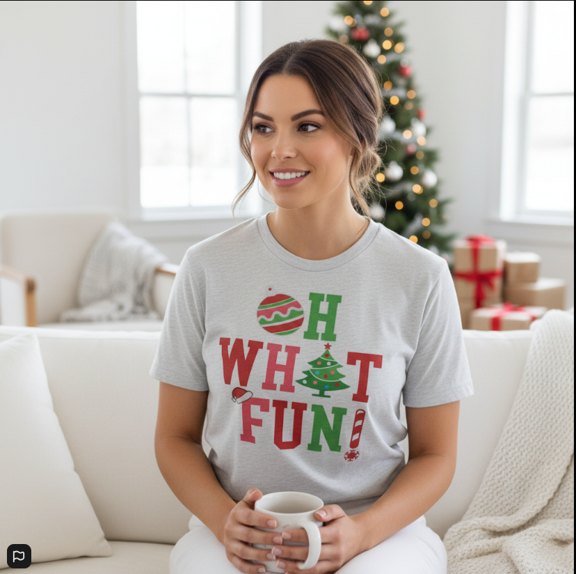 Holiday Graphic Tee – “Oh What Fun” Christmas Crewneck T-Shirt for Adults