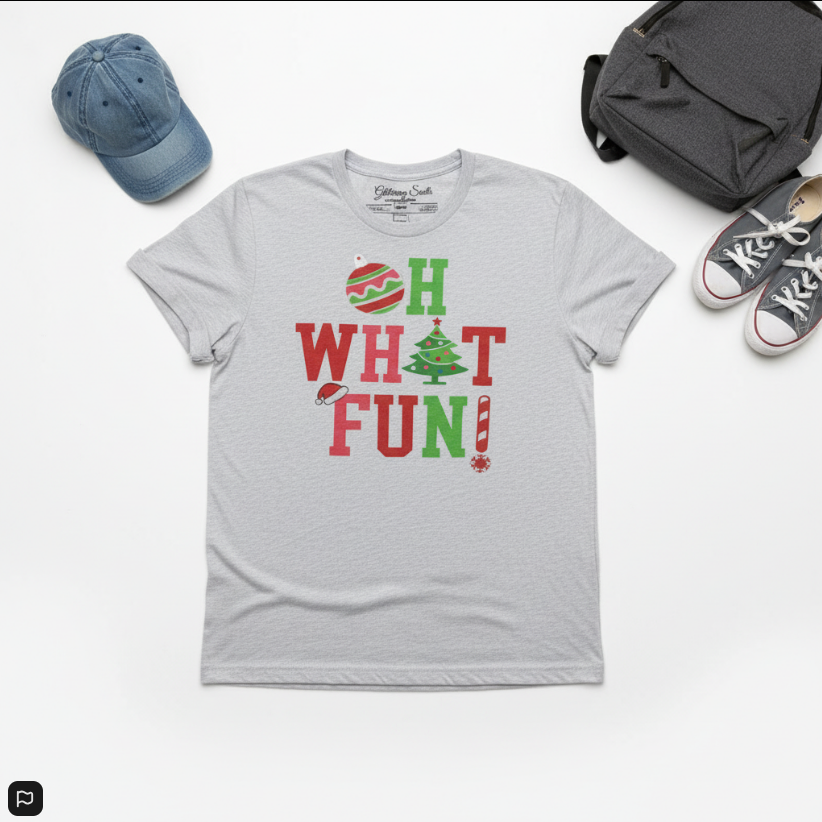 Holiday Graphic Tee – “Oh What Fun” Christmas Crewneck T-Shirt for Adults