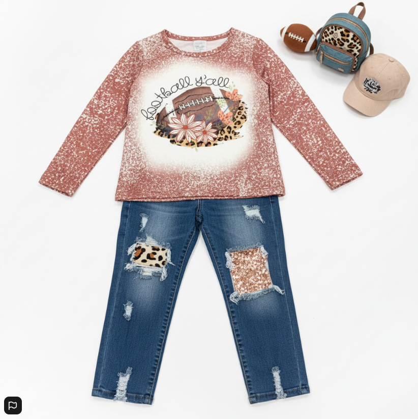 Girls Football Outfit – “Football Y’all” Graphic Top & Sequin Distressed Jeans Set
