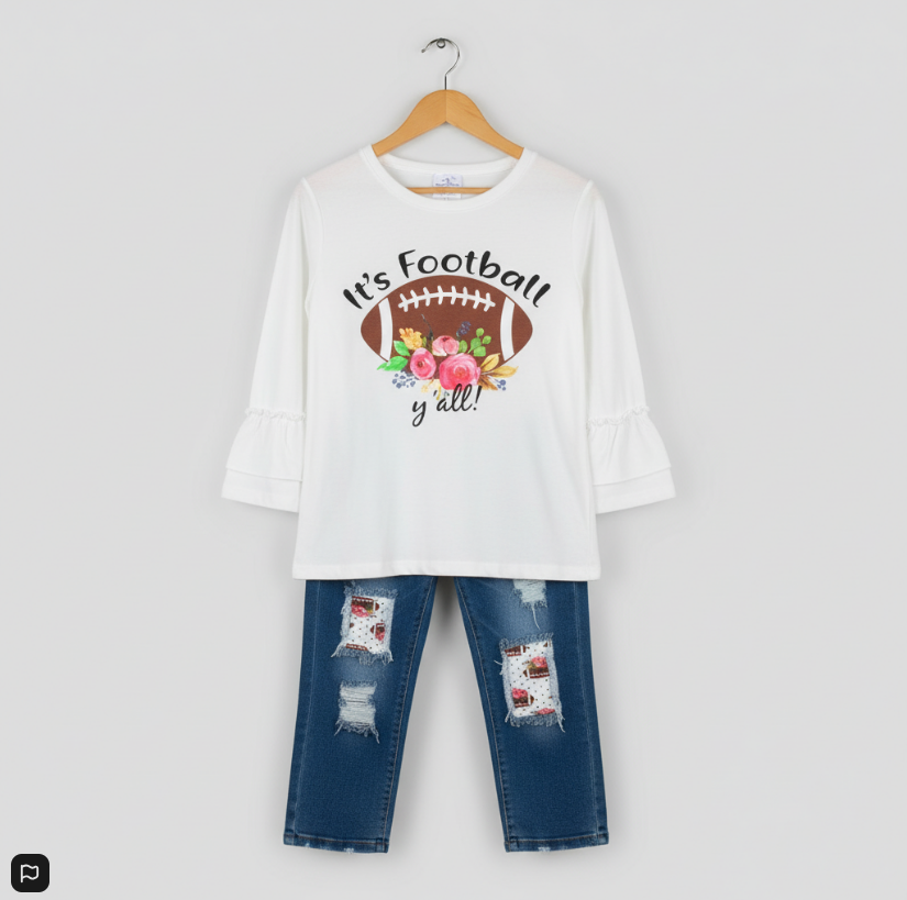 "Girls Football Season Jean Set – Ruffle Sleeve Top & Floral Patch Denim"