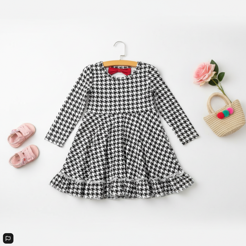 "Girls' Houndstooth Ruffle Dress – Classic Black & White with Flared Skirt"