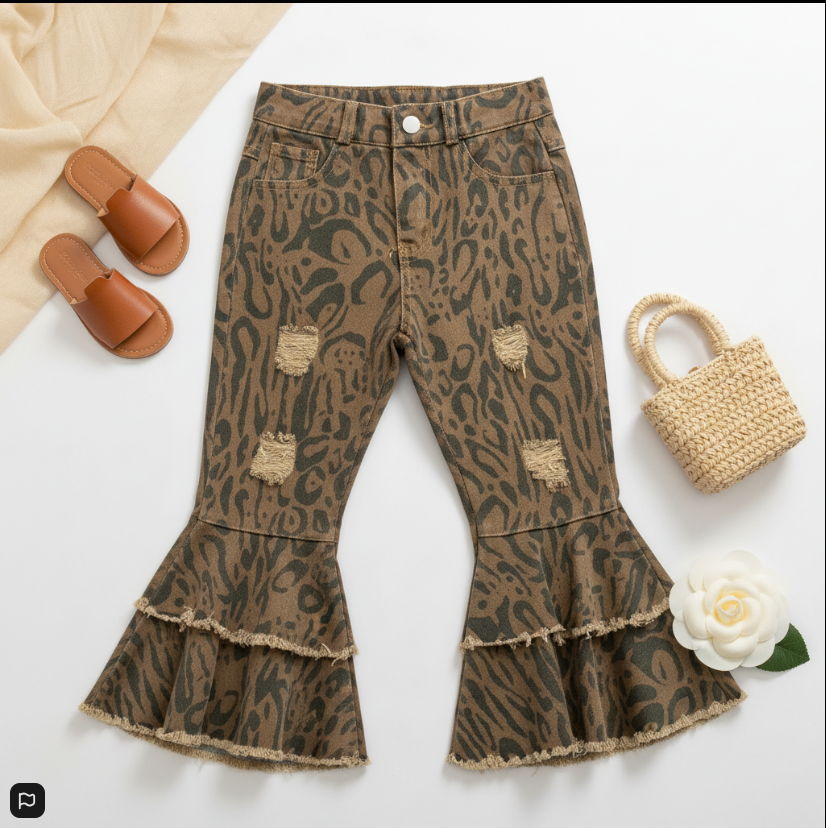 Girls’ Leopard Flare Jeans with Ruffle Hem – Trendy Distressed Animal Print Pants