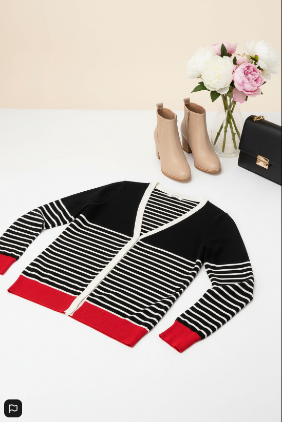 Joy Colorblock Cardigan – Black, Red & White Striped Knit for Women