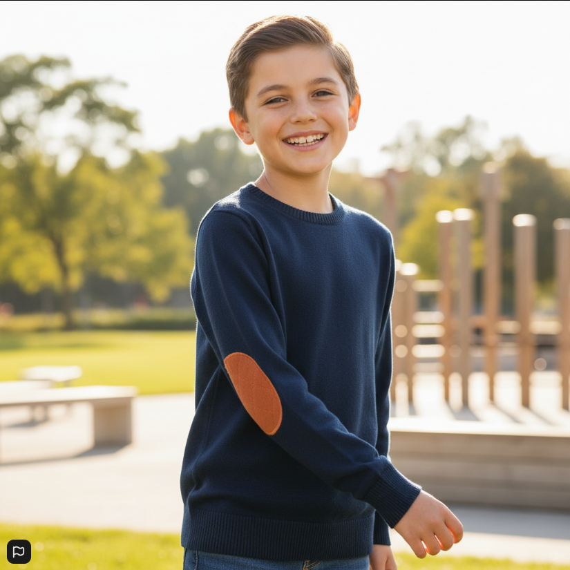 Boys’ Navy Knit Sweater with Elbow Patch – Classic Crewneck Pullover for Kids
