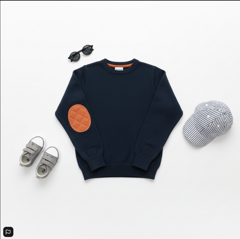 Boys’ Navy Knit Sweater with Elbow Patch – Classic Crewneck Pullover for Kids