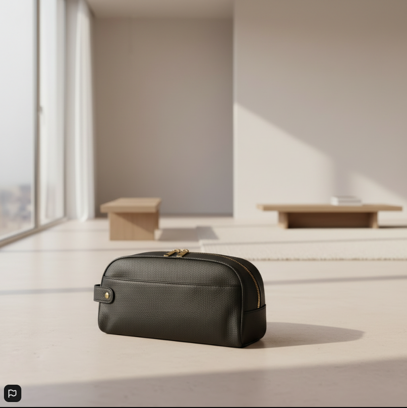 Men’s Black Leather Toiletry Kit – Travel Dopp Bag with Strap & Zipper