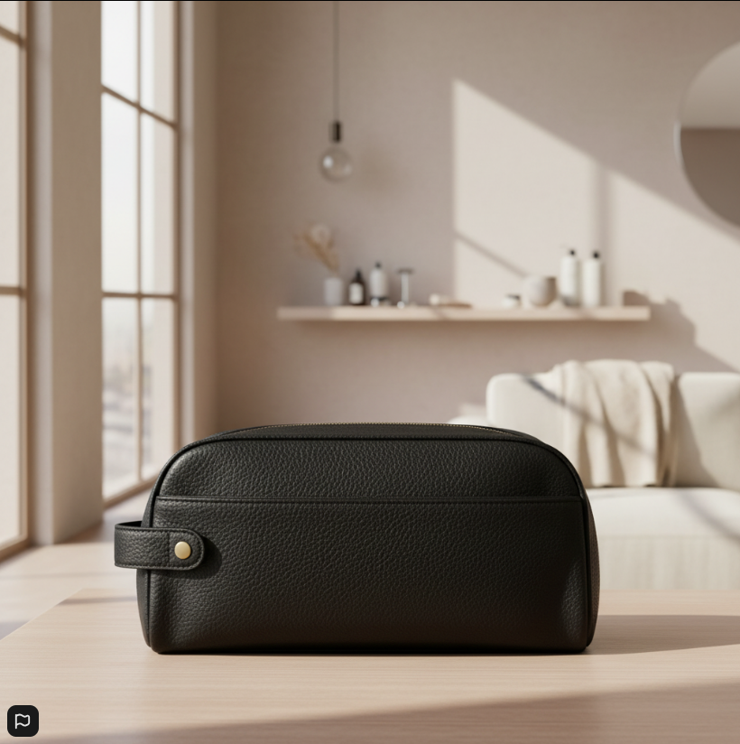 Men’s Black Leather Toiletry Kit – Travel Dopp Bag with Strap & Zipper