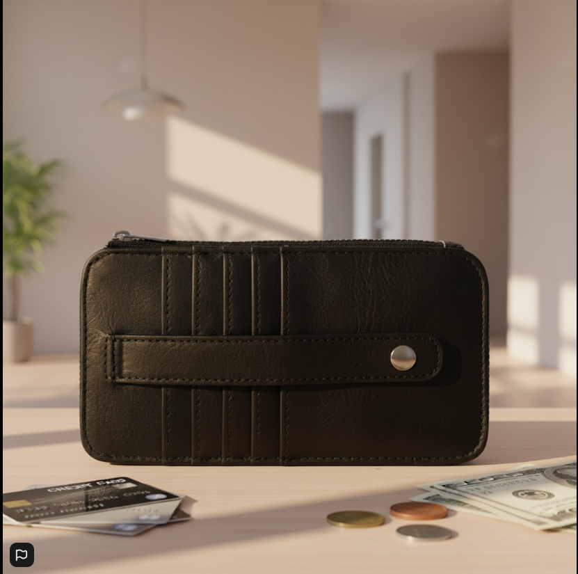 Marie Slim Credit Card Sleeve – Black Leather Wallet with Zipper & Strap
