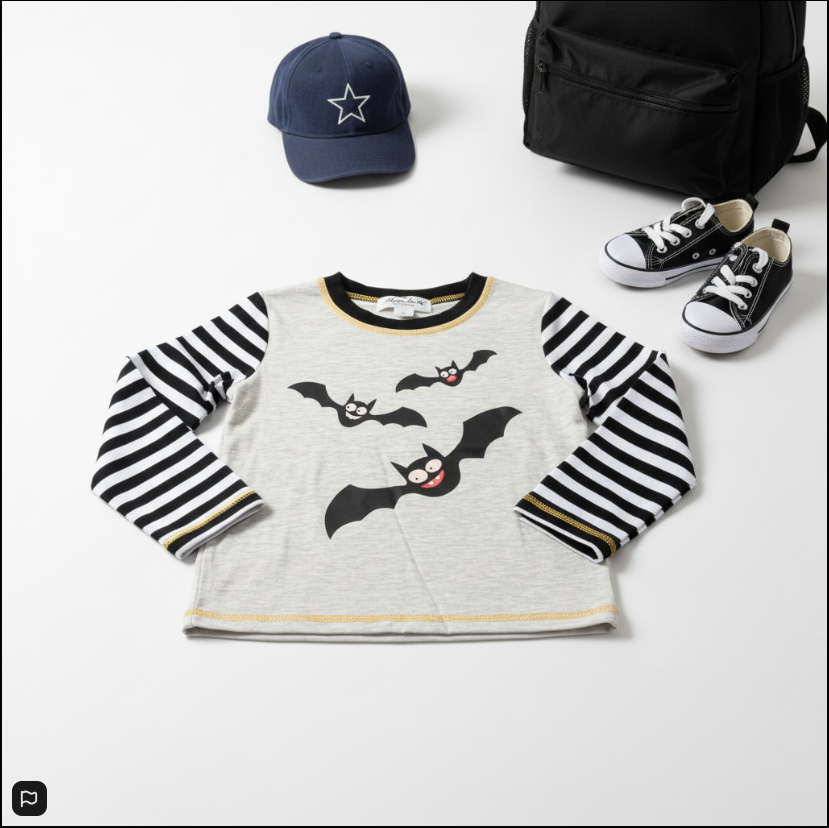 Stripe Bats Long Sleeve Shirt – Halloween Graphic Tee for Kids with Gold Trim