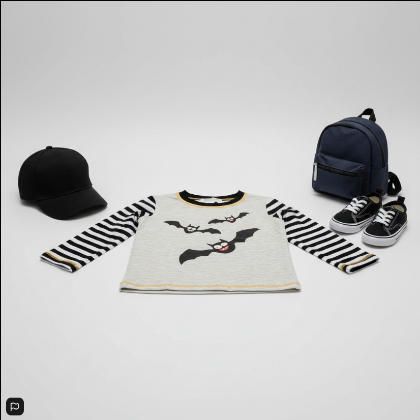 Stripe Bats Long Sleeve Shirt – Halloween Graphic Tee for Kids with Gold Trim