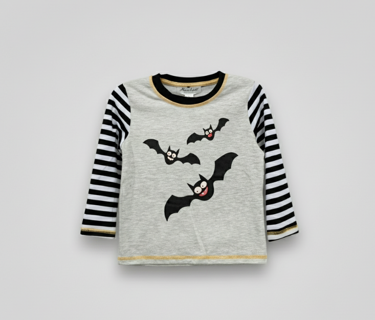 Stripe Bats Long Sleeve Shirt – Halloween Graphic Tee for Kids with Gold Trim