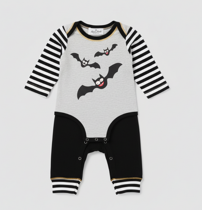 Striped Bats Halloween Baby Romper & Jogger Set – Festive Infant Outfit with Snap Closure