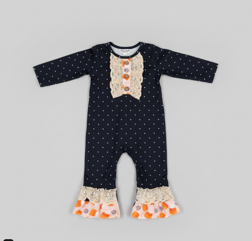 Polka Dot Candy Corn Baby Romper – Halloween Long Sleeve Outfit with Ruffles & Lace