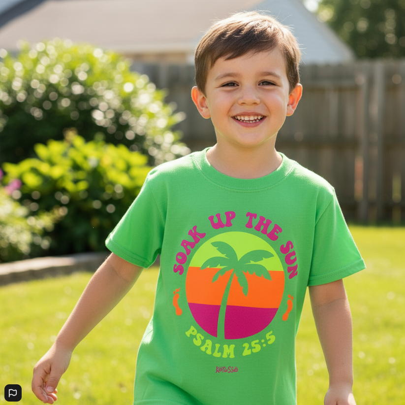 Soak Up The Son Kids T-Shirt – Christian Graphic Tee with Palm Sunset & Psalm 25:4