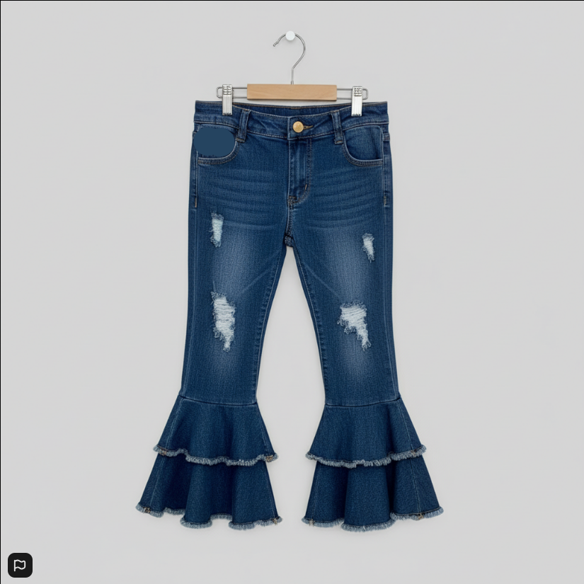 Girls’ Distressed Double Bell Bottom Jeans – Ruffled Flare Denim with Frayed Hem