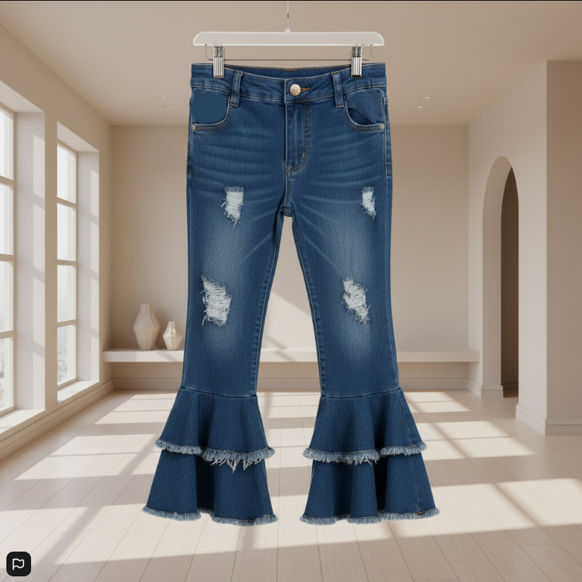 Girls’ Distressed Double Bell Bottom Jeans – Ruffled Flare Denim with Frayed Hem