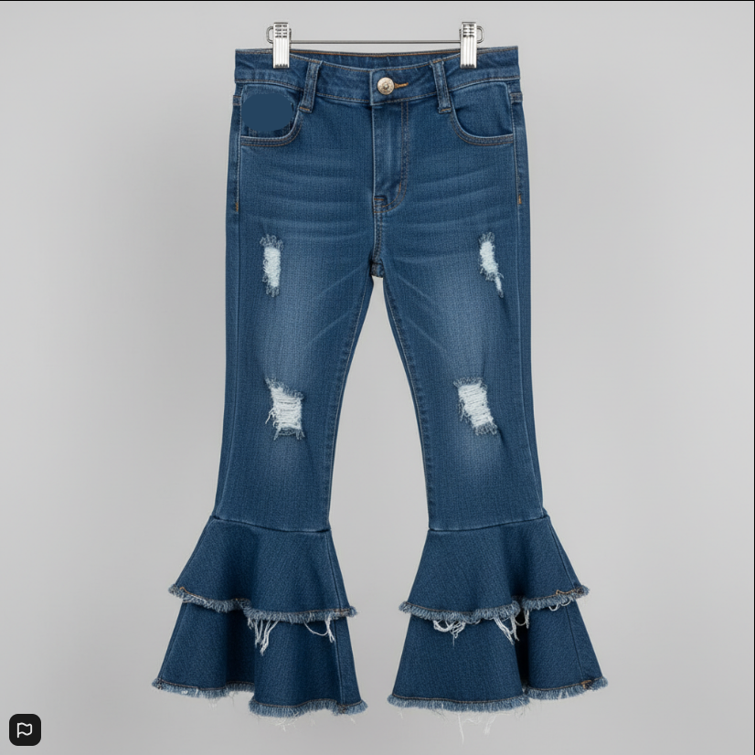 Girls’ Distressed Double Bell Bottom Jeans – Ruffled Flare Denim with Frayed Hem