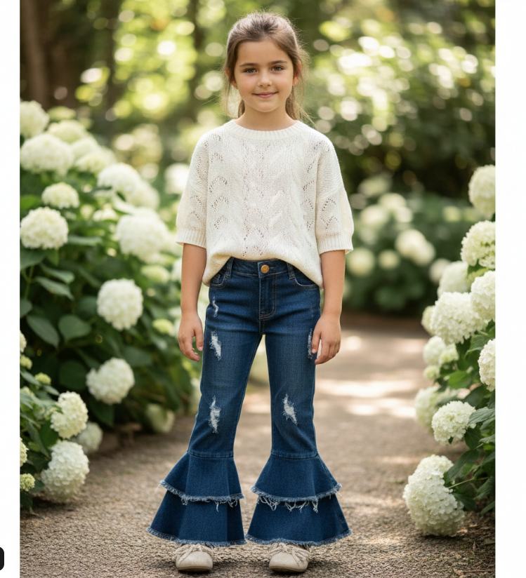 Girls’ Distressed Double Bell Bottom Jeans – Ruffled Flare Denim with Frayed Hem