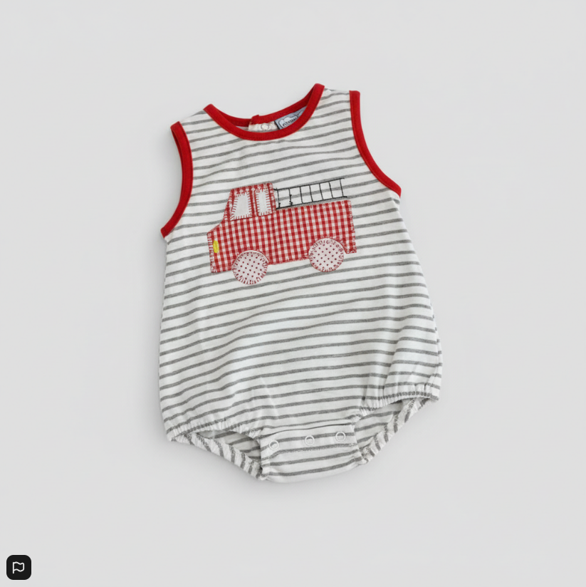 Fire Truck Bubble Romper – Red Check Appliqué Striped Sleeveless Outfit
