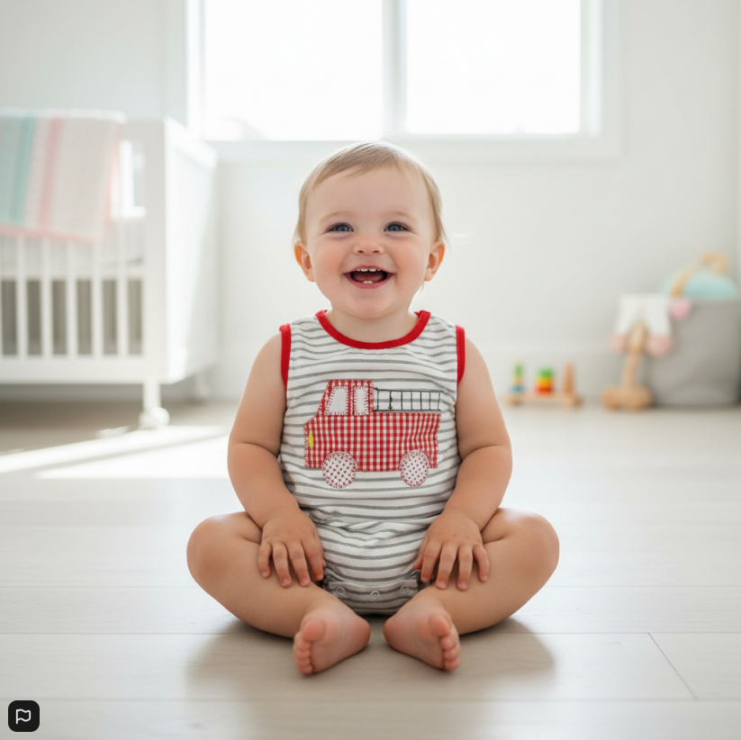 Fire Truck Bubble Romper – Red Check Appliqué Striped Sleeveless Outfit