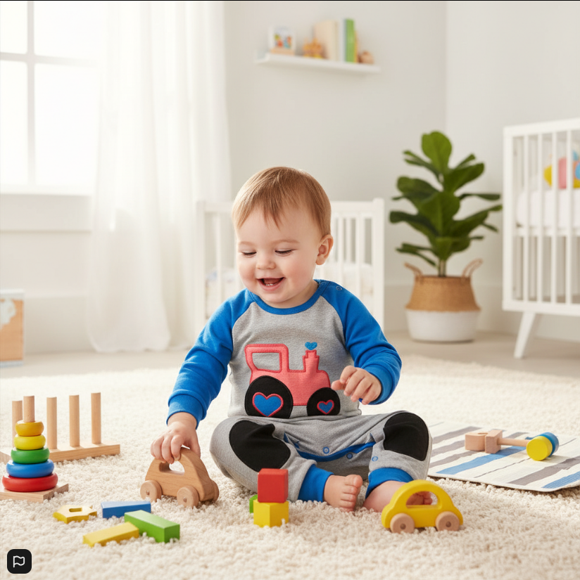 Boys Long Sleeve Valentine’s Tractor Romper – Heart Wheels & Blue Trim