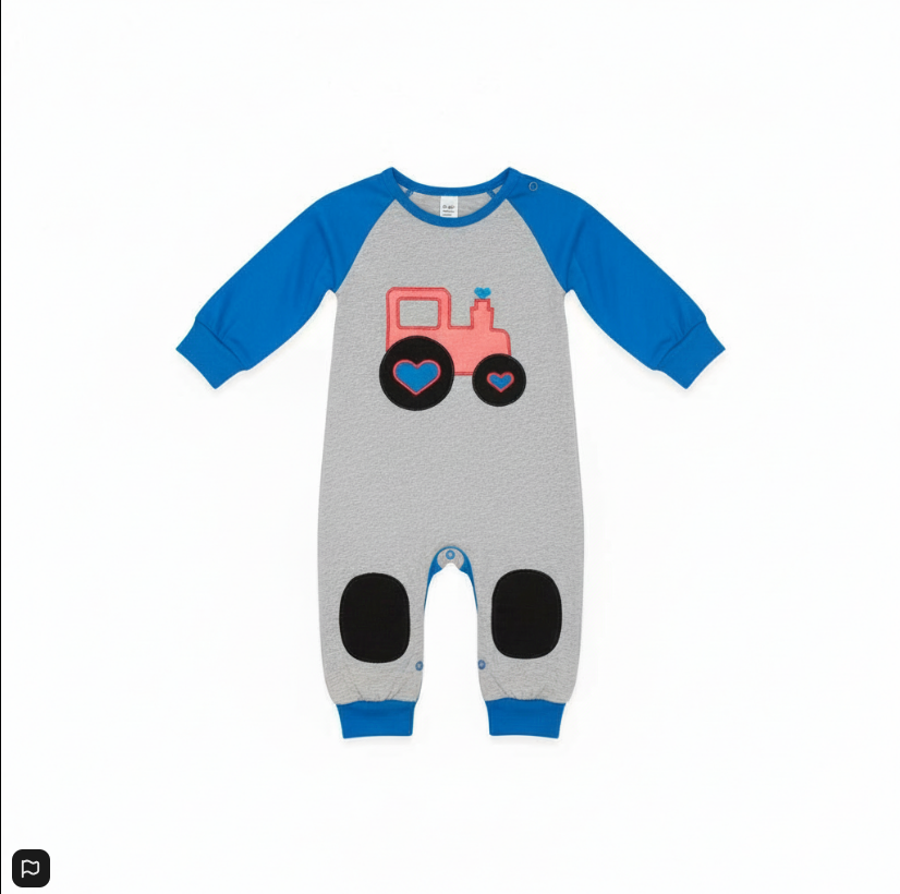 Boys Long Sleeve Valentine’s Tractor Romper – Heart Wheels & Blue Trim