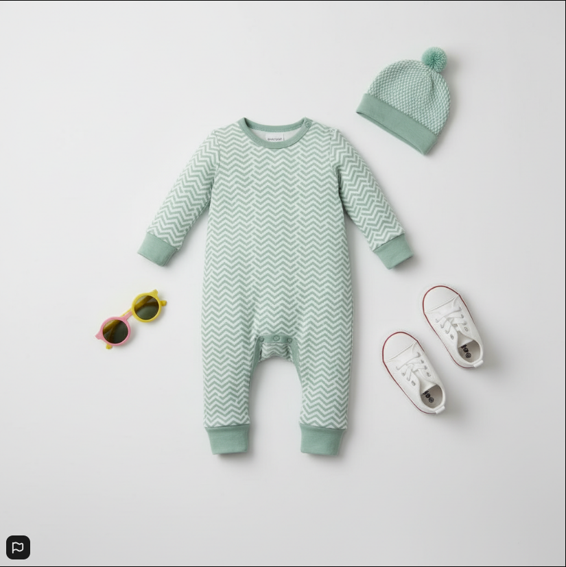 Light Sage Chevron Baby Pajamas – Soft Cotton Sleepwear with Cuffed Sleeves