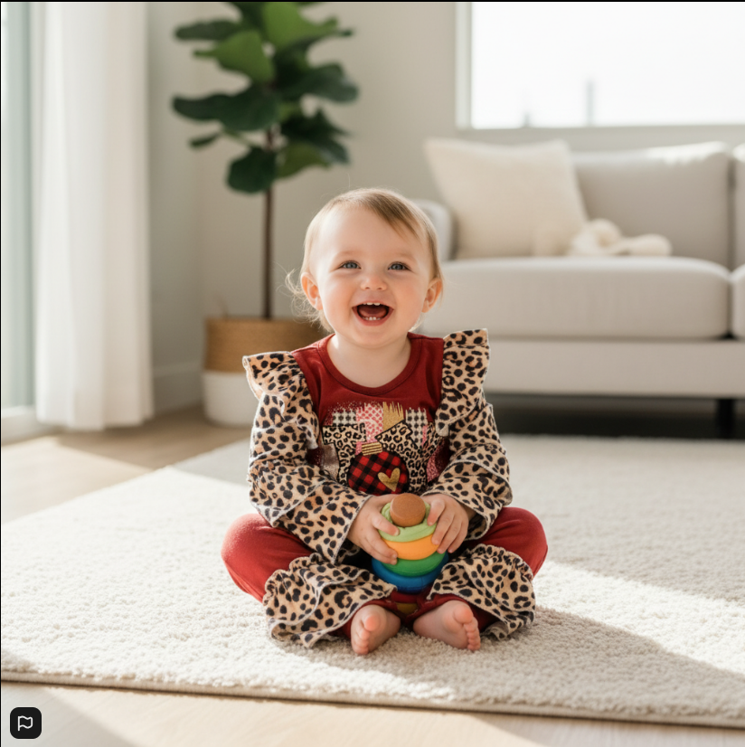 Girls Burgundy JOY Raglan Romper – Leopard Print Holiday Outfit