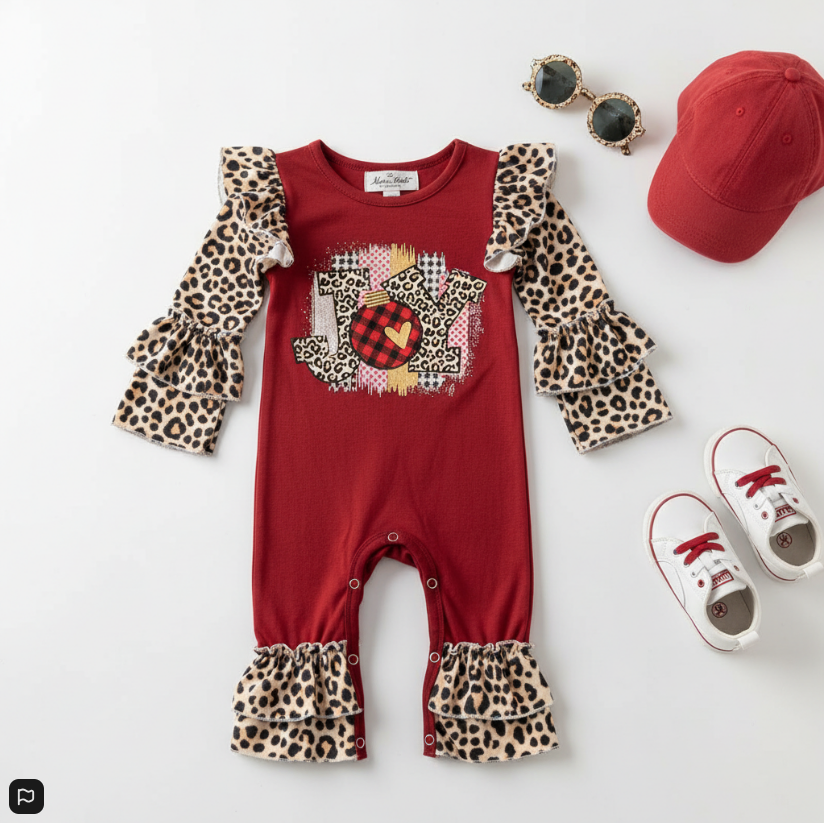 Girls Burgundy JOY Raglan Romper – Leopard Print Holiday Outfit
