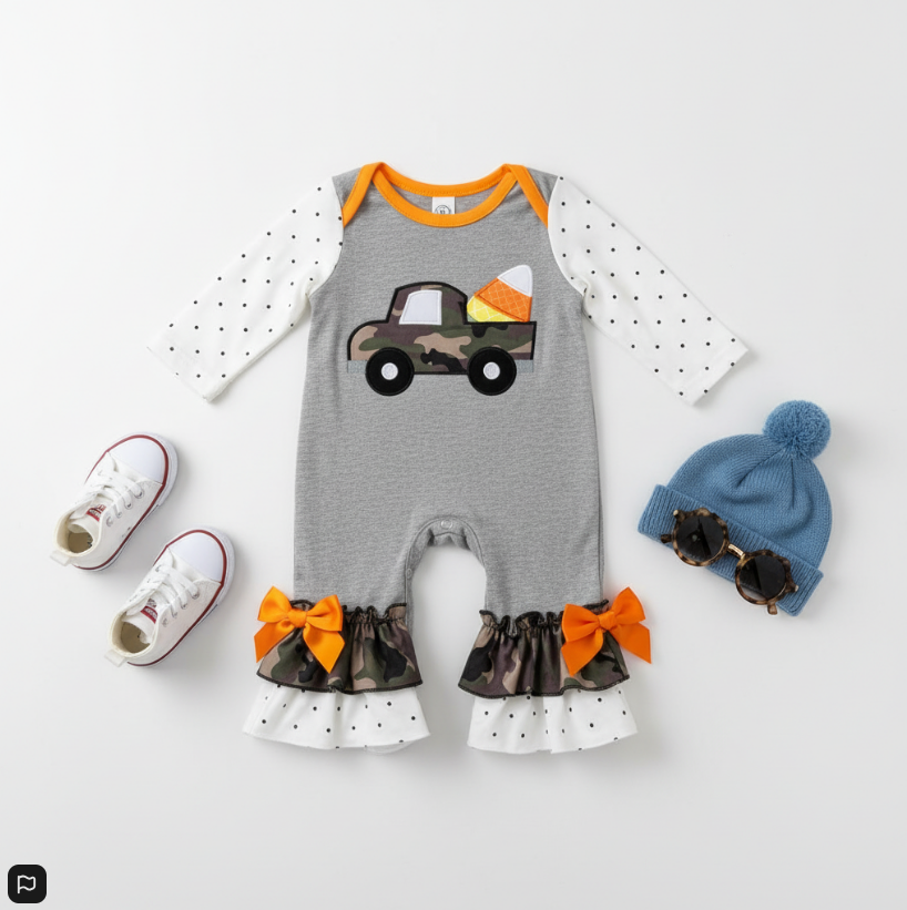 Girls Candy Corn Camo Truck Romper – Fall Ruffle Sleeves & Bow Cuffs