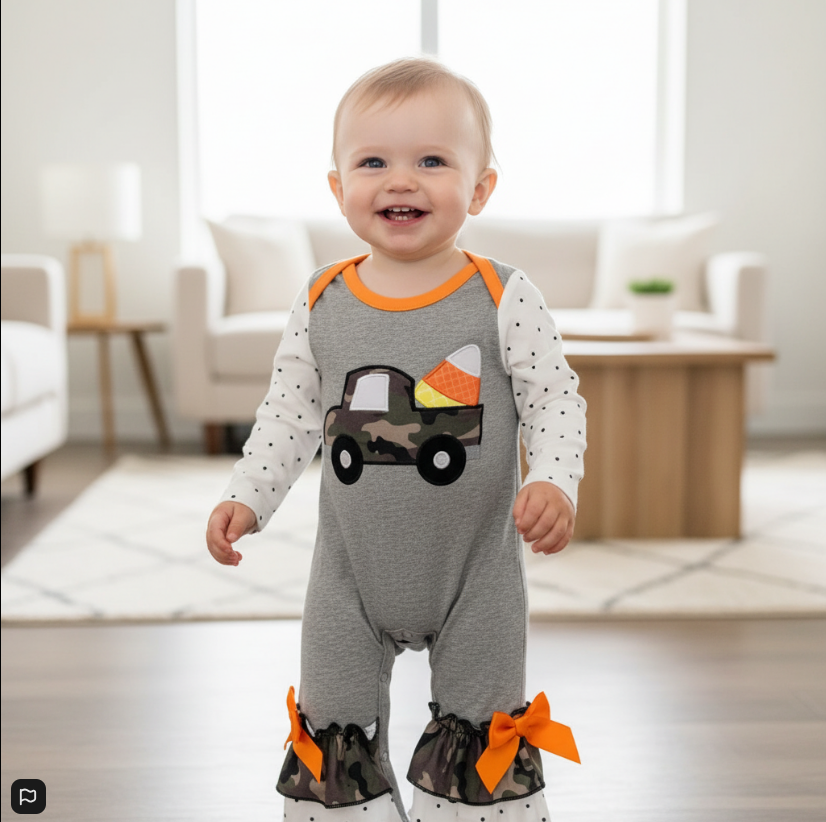 Girls Candy Corn Camo Truck Romper – Fall Ruffle Sleeves & Bow Cuffs