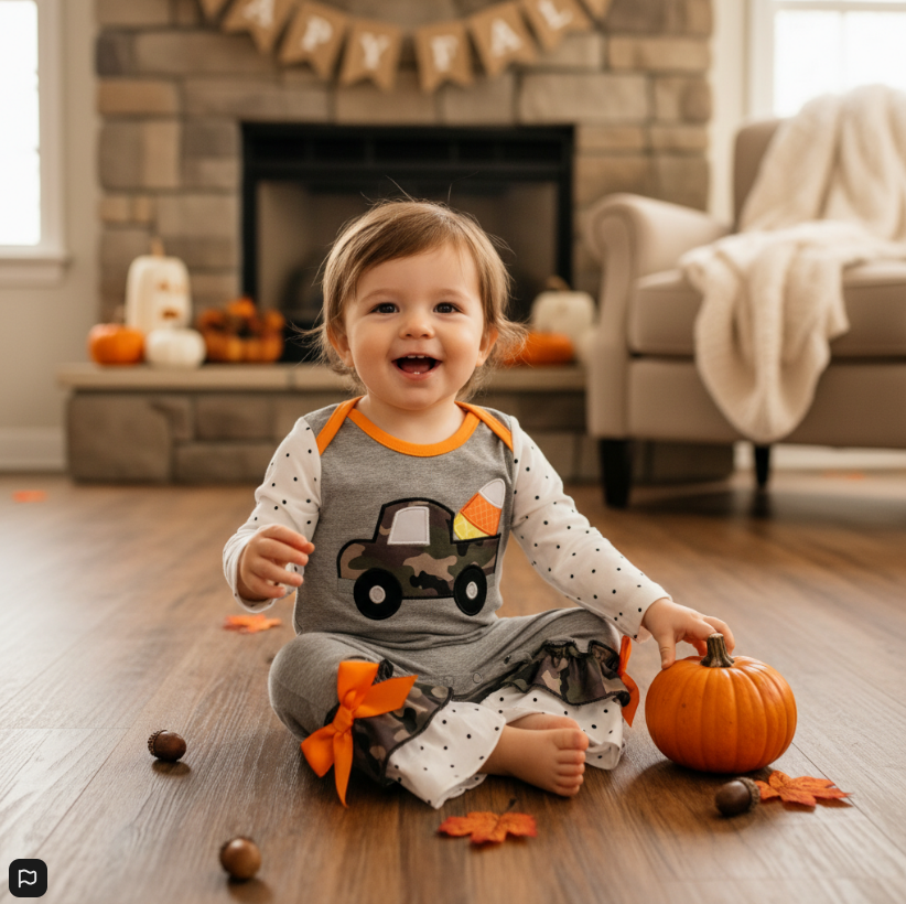 Girls Candy Corn Camo Truck Romper – Fall Ruffle Sleeves & Bow Cuffs