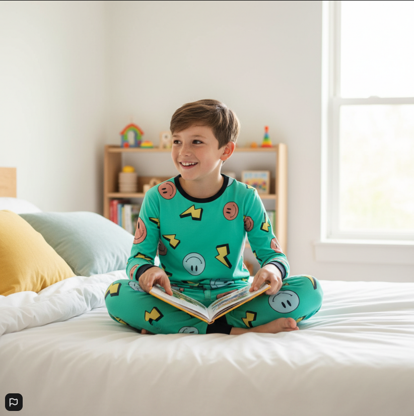 Charged & Cheesin Bamboo Pajama Set – Smiley Face 2-Piece Sleepwear for Kids